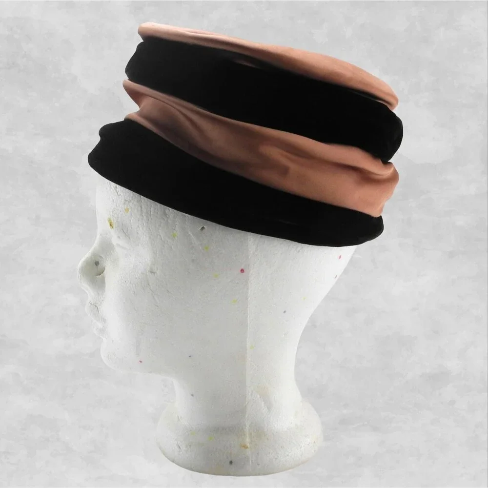 Vintage Screen Vogue Original Burgundy Velvet Pink Satin Pillbox Cocktail Hat